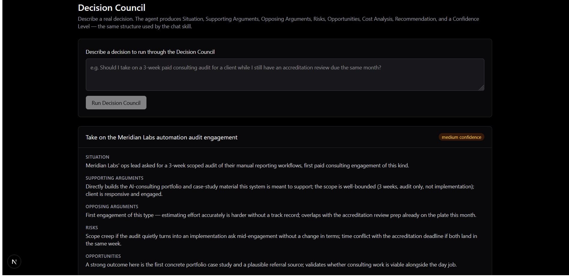 Decision Council module showing a structured decision analysis
