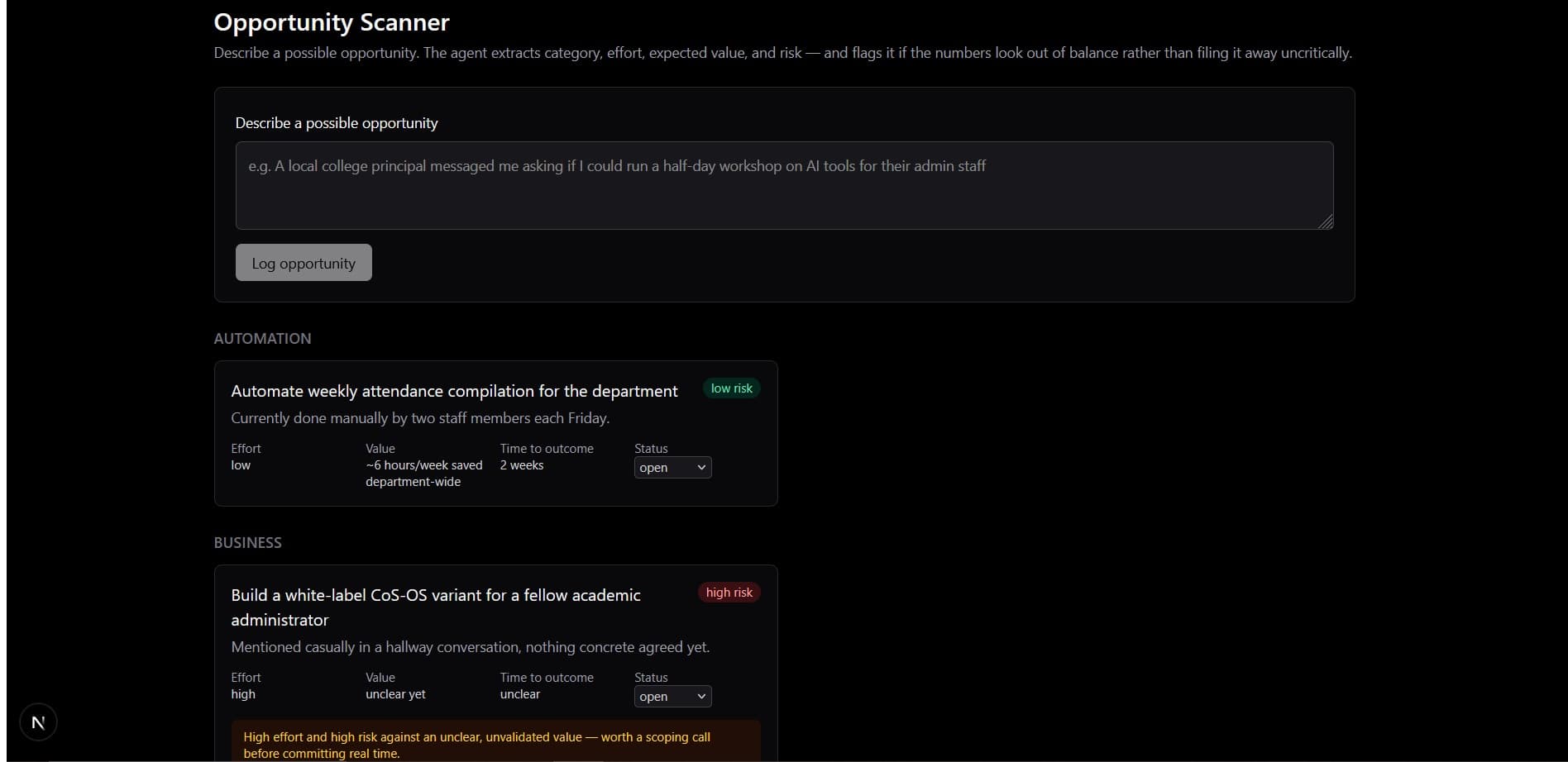 Opportunity Scanner module showing a logged opportunity with effort, value, and risk