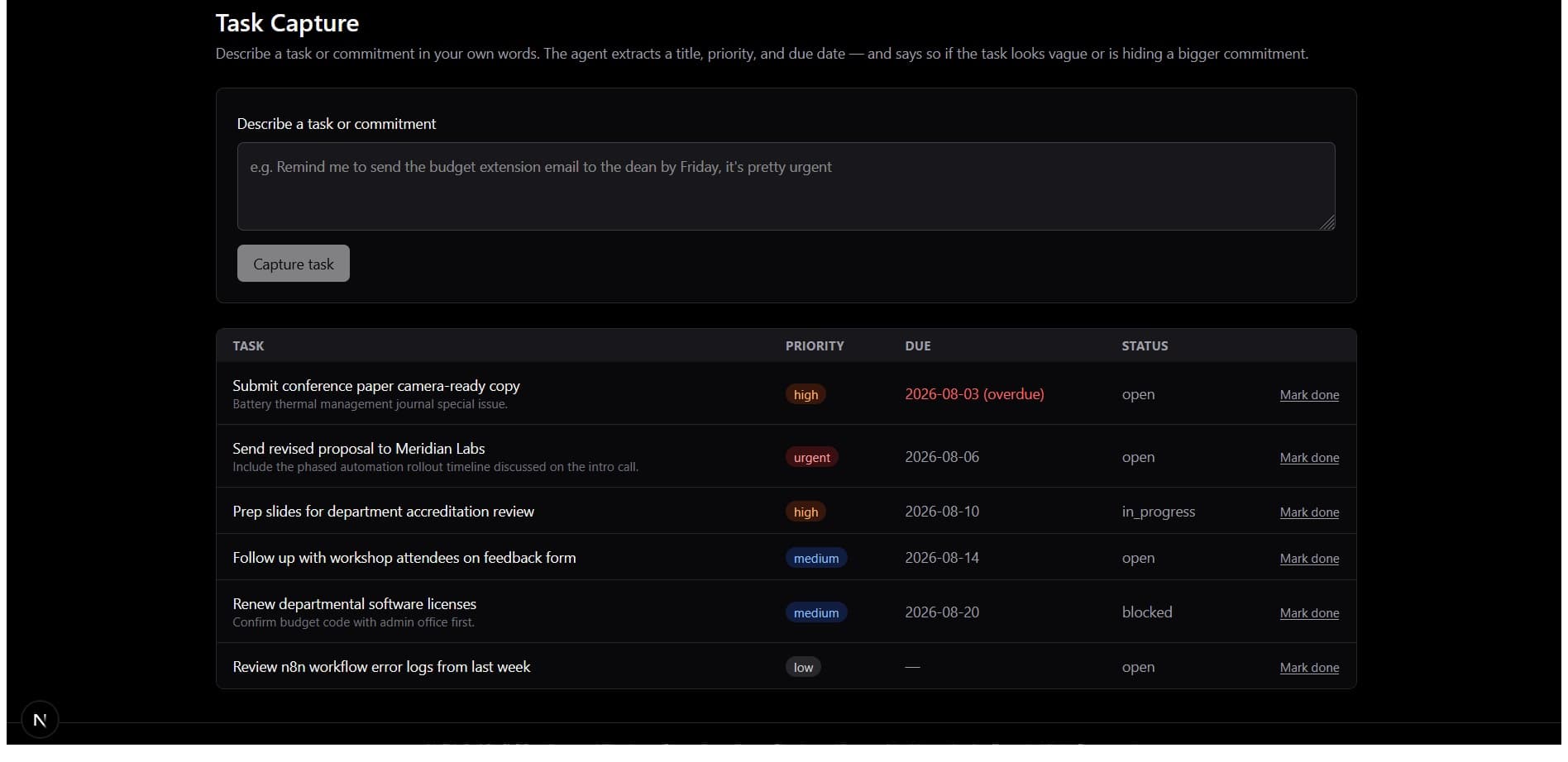 Task Capture module showing tracked tasks with priority, due date, and status
